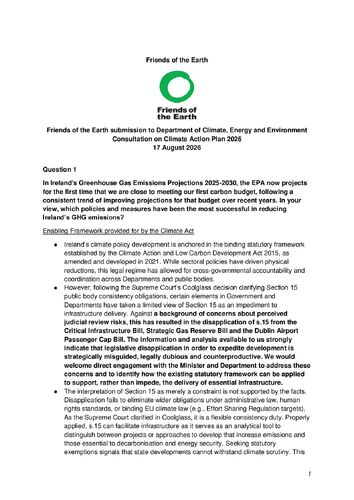 FoE submission to Climate Action Plan 2026 consultation