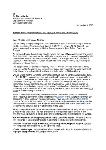 joint-letter-tanaiste-finance-minister-fossil fuel profit taxation