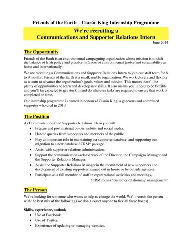 Publication cover - FoE Communications and Supporter Relations Intern 2014 - Job Description